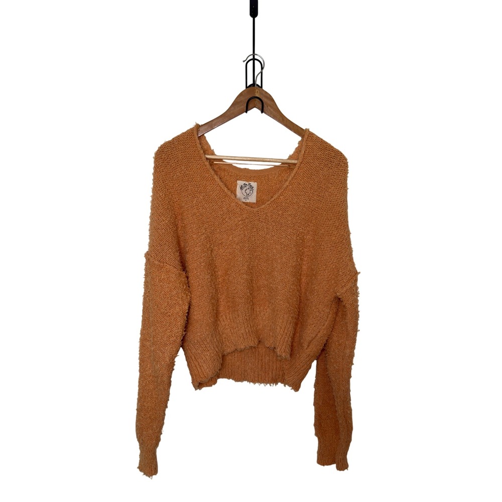 We The Free Women Small Gold V Neck Granola Girl Sweater Boho Chic 90s Indie
